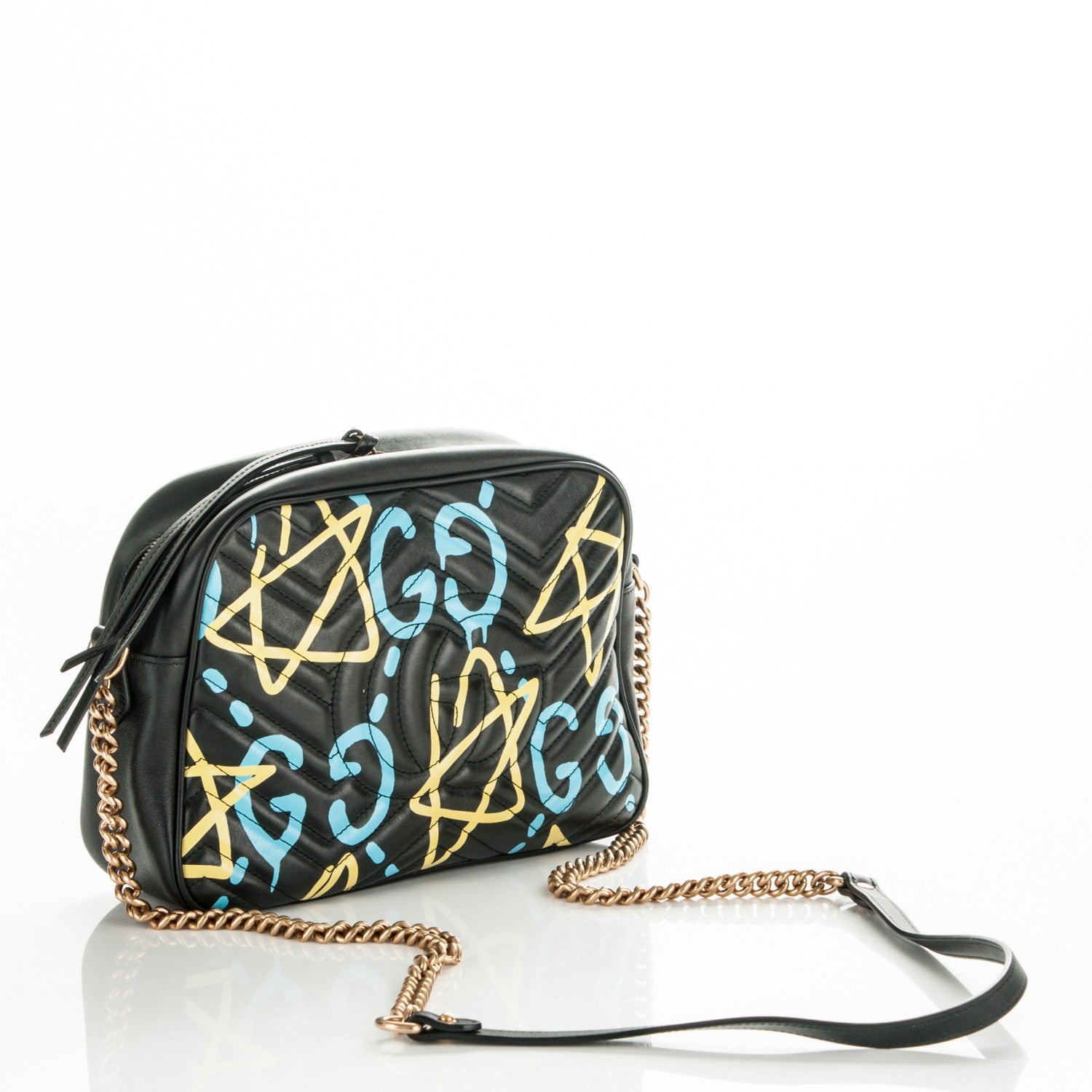 Gucci Calfskin Matelasse GucciGhost Medium GG Marmont Chain Shoulder Bag Black New Acquamarine 3 of 7