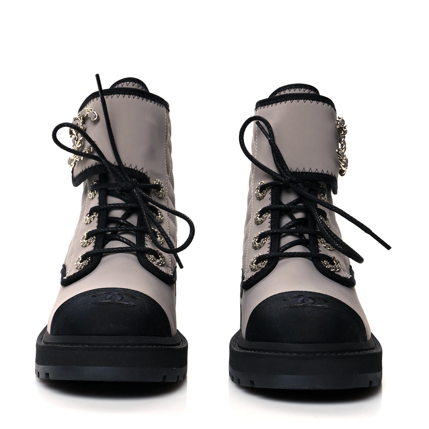 Fabric Grosgrain Quilted Cap Toe Lace Up Combat Boots 37.5 Gray