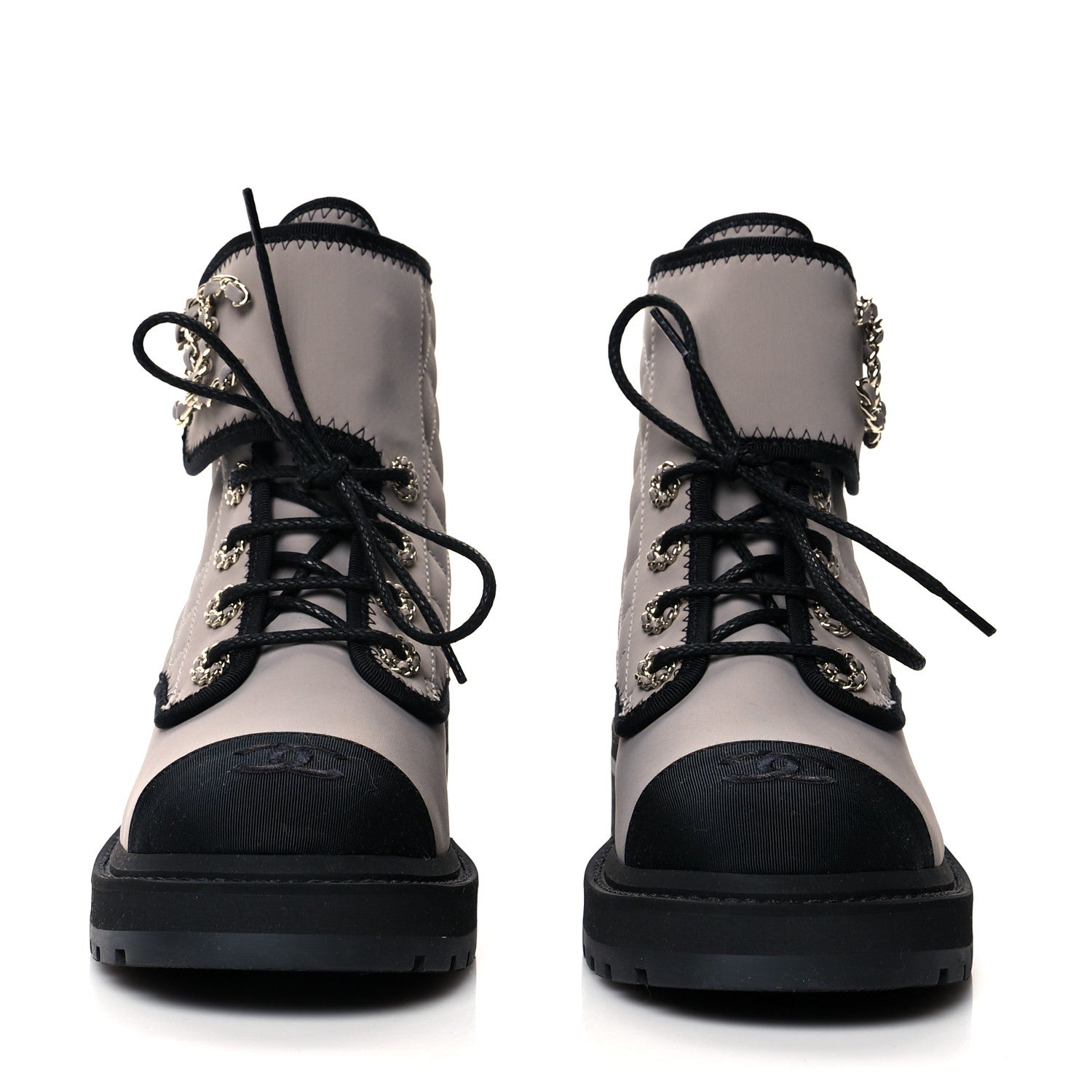 Chanel Fabric Grosgrain Quilted Cap Toe Lace Up Combat Boots 37.5 Gray 2 of 7