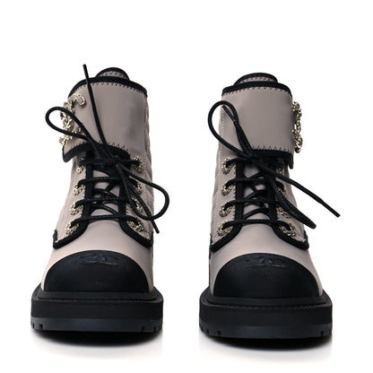 Chanel Fabric Grosgrain Quilted Cap Toe Lace Up Combat Boots 37.5 Gray 2 of 7