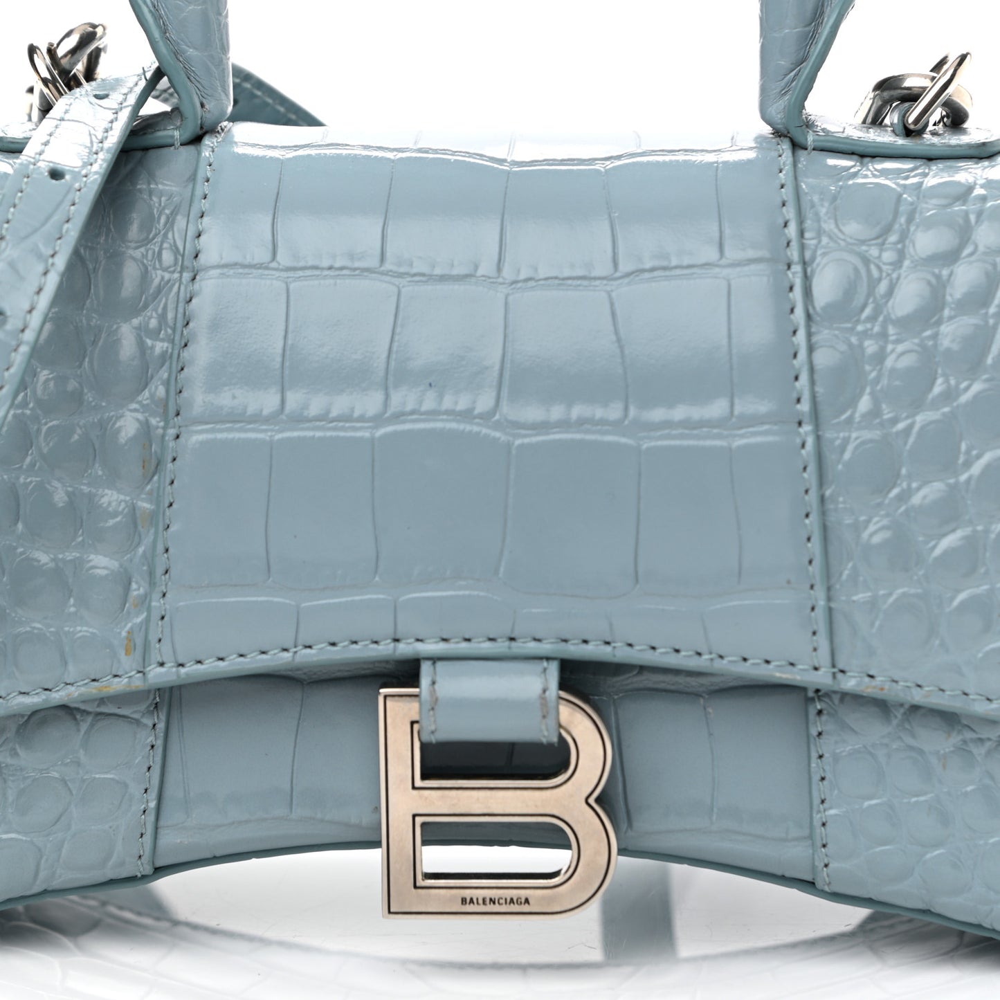 Shiny Calfskin Crocodile Embossed Hourglass Top Handle Bag XS Blue Grey