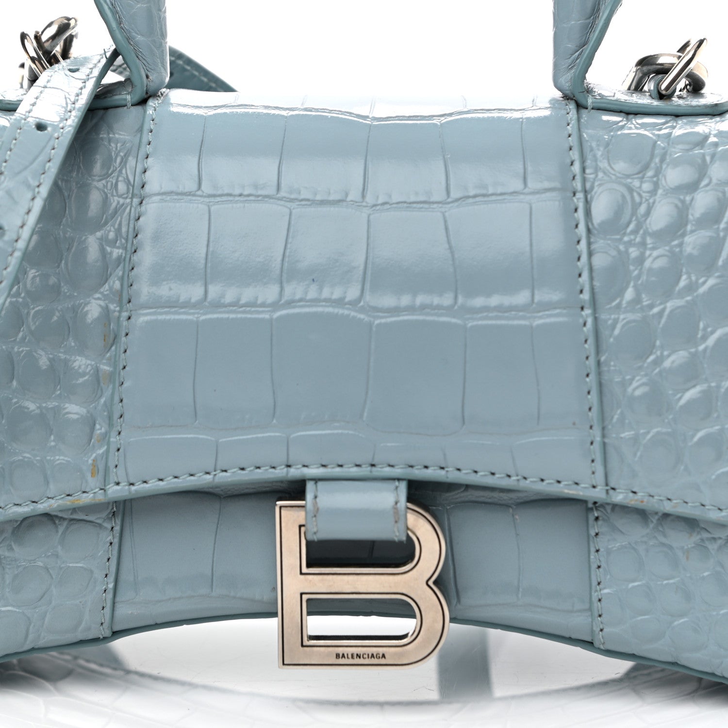 Balenciaga Shiny Calfskin Crocodile Embossed Hourglass Top Handle Bag XS Blue Grey 7 of 9