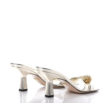 Gucci Metallic Nappa Dora Tiger Head Mid Heel Slide Sandals 37 Platino 4 of 9