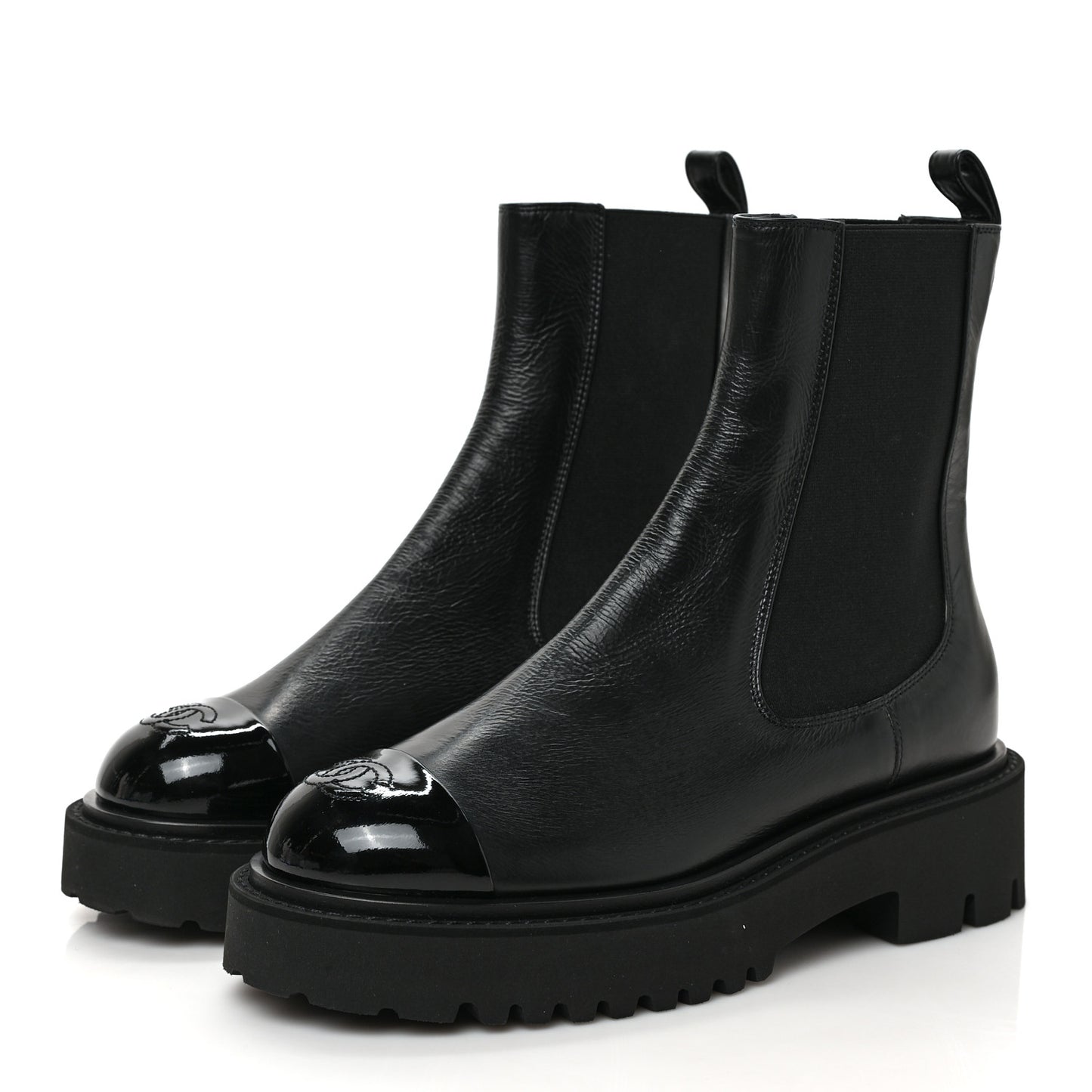 Crumpled Calfskin Patent Cap Toe Short Boots 38 Black
