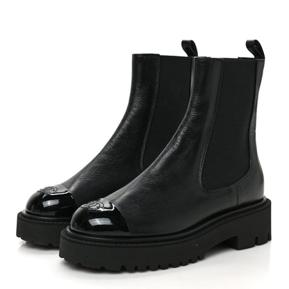 Chanel Crumpled Calfskin Patent Cap Toe Short Boots 38 Black 3 of 8