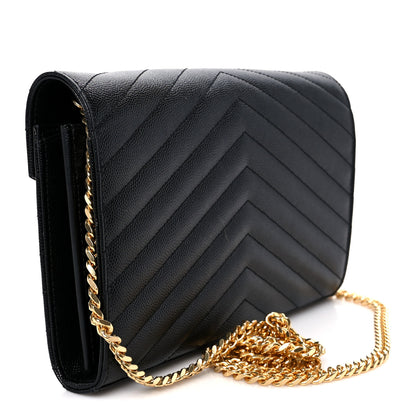 Saint Laurent Grain De Poudre Matelasse Chevron Monogram Chain Wallet Black 3 of 9