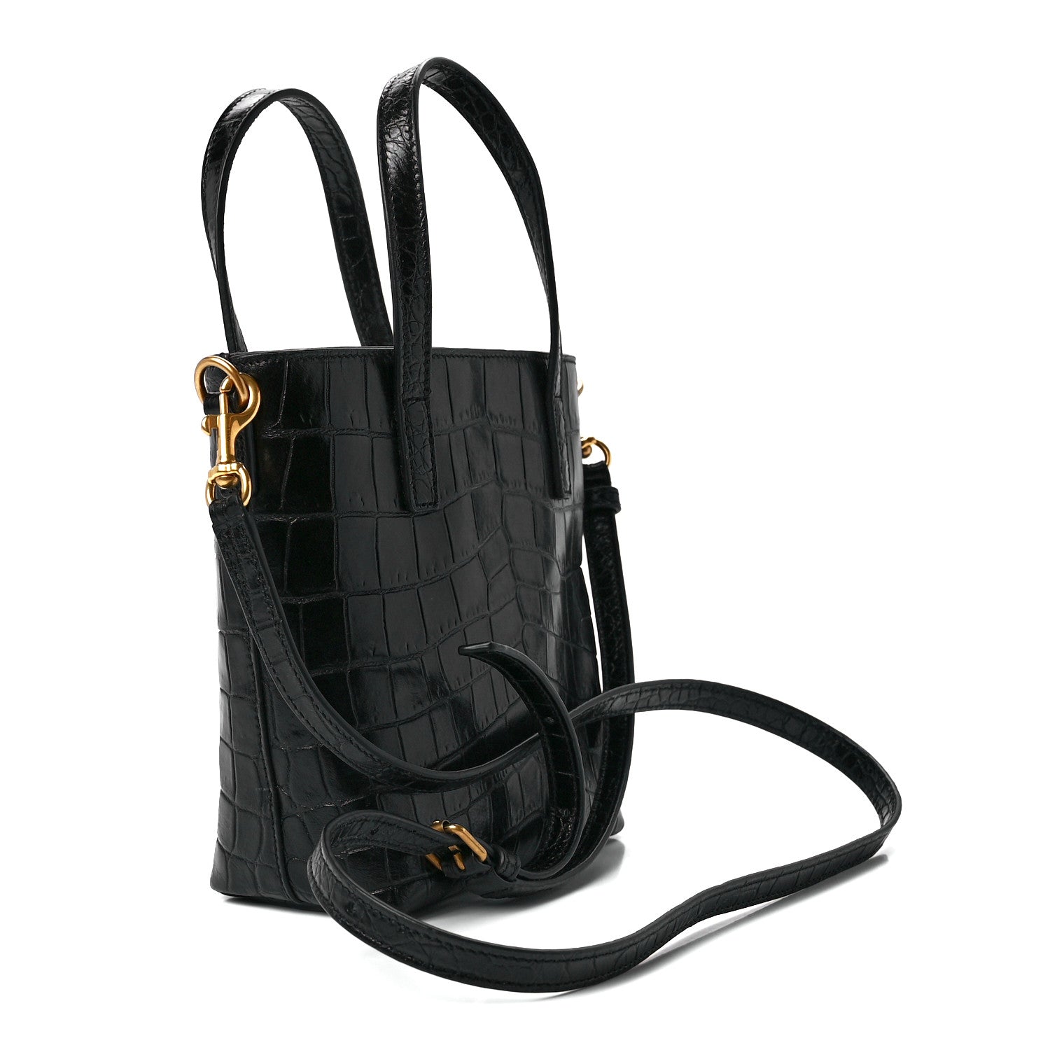 Saint Laurent Calfskin Crocodile Embossed Paris Mini Toy Shopper Tote Black 3 of 12
