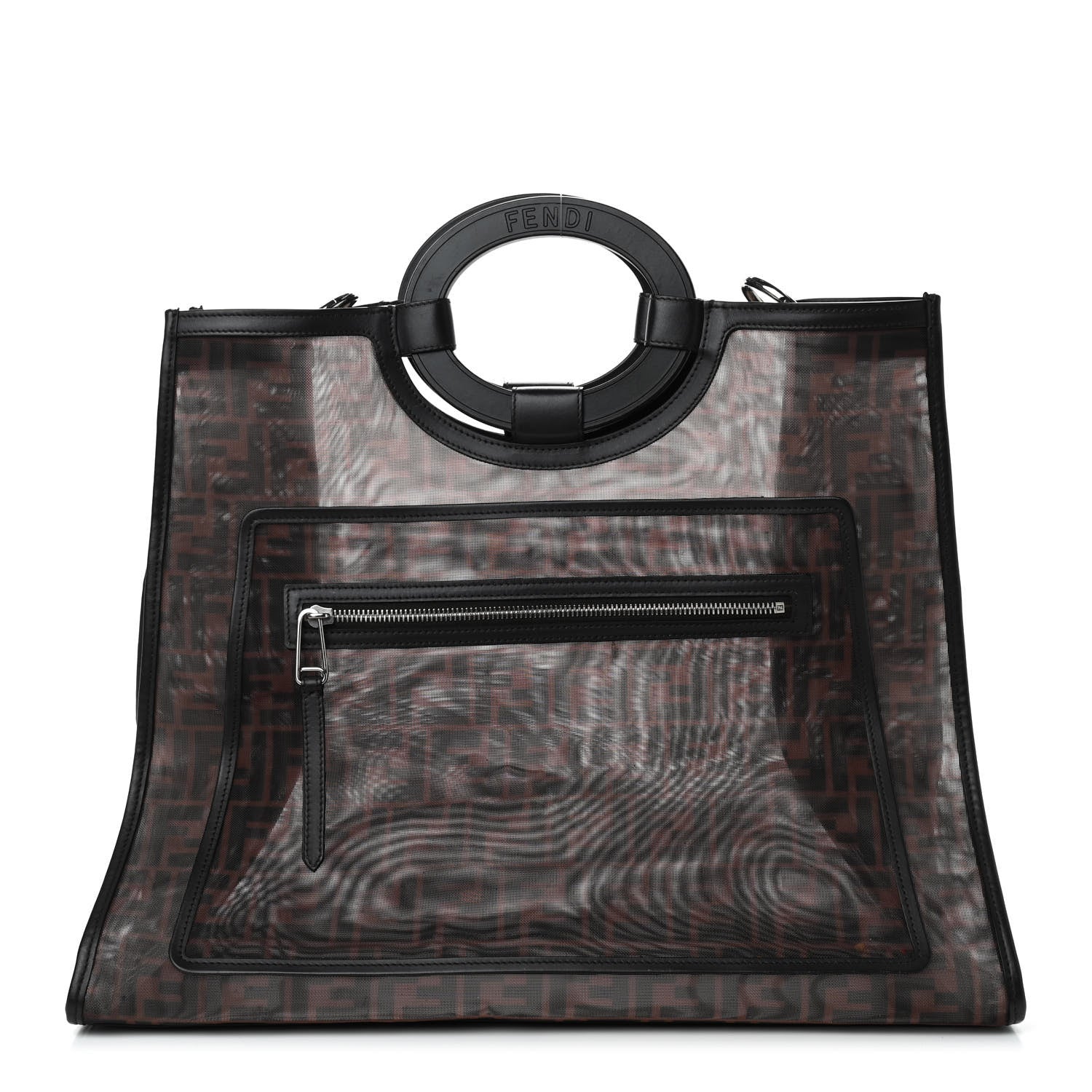 Fendi Mesh Vitello Century Cuoio FF 1974 Large Runaway Shopper Tote Marrone Black Ebano 1 of 9