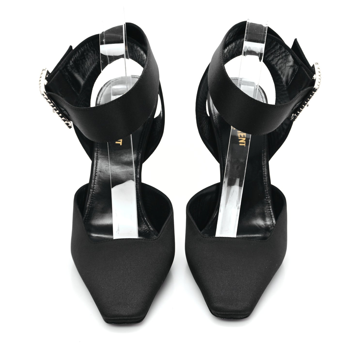 Crepe Satin Crystal Buckle Claude 110 Slingback Pumps 38 Black