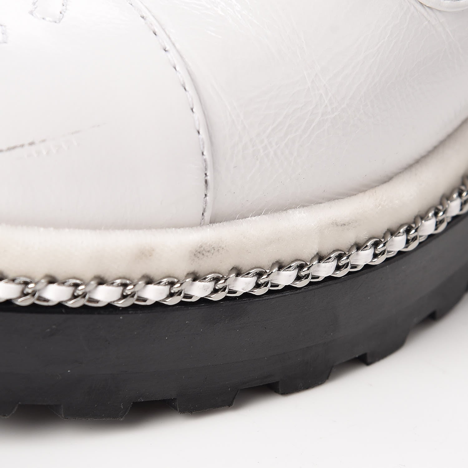 Chanel Crackled Calfskin Pearl Chain CC Combat Short Boots 40 White 11 of 16