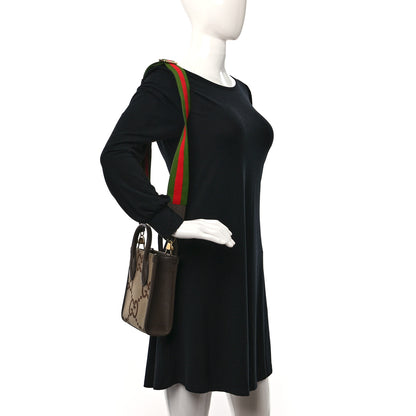Gucci Monogram Jumbo GG Textured Dollar Calfskin Web Mini Vertical Tote Camel Ebony New Acero 2 of 8