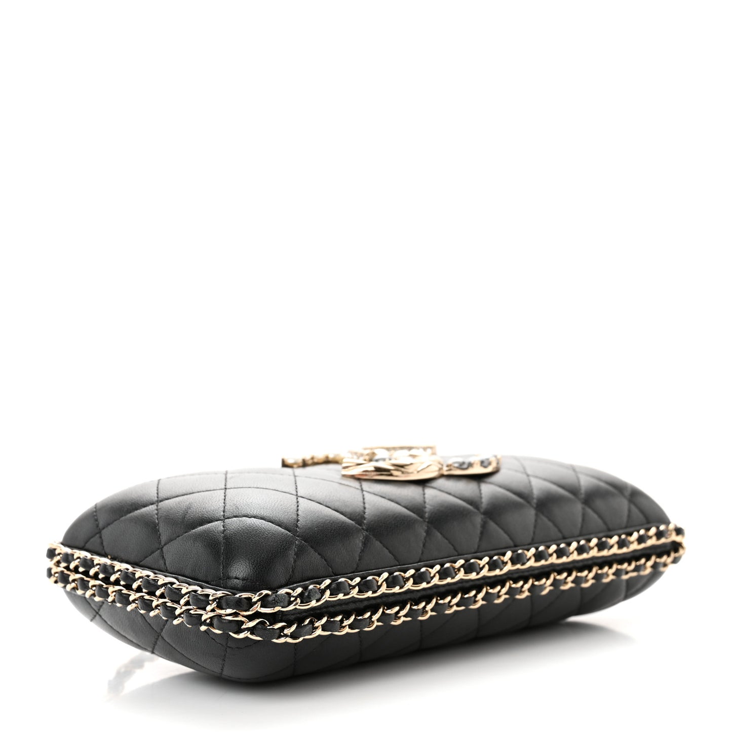 Lambskin Quilted Pearl Crystal Chain Around Clutch Black