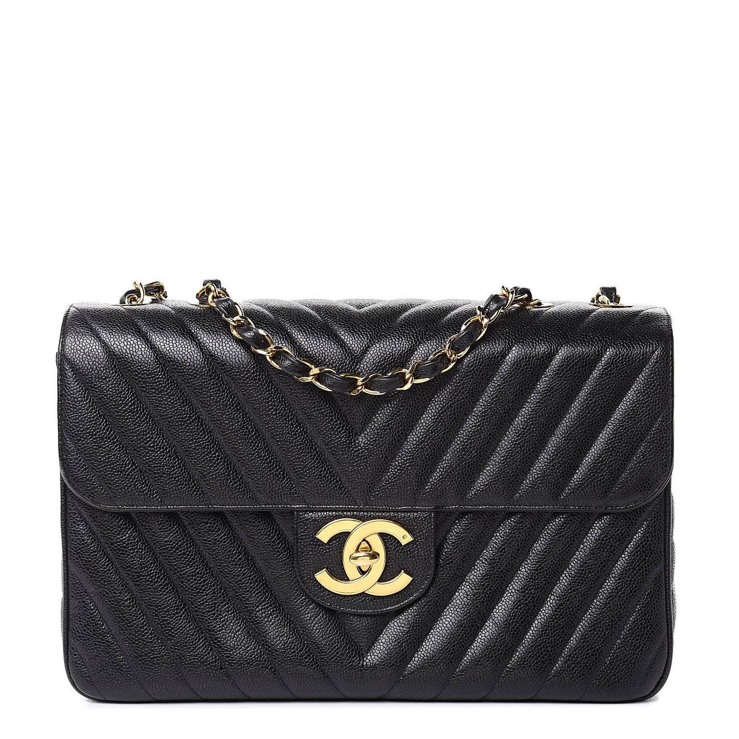Caviar Chevron Quilted Maxi Single Flap Black