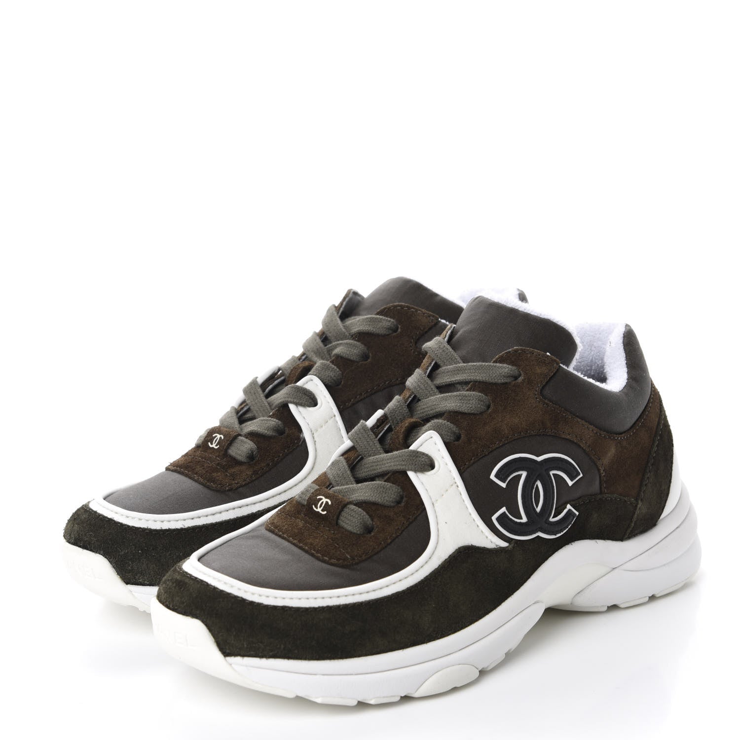 Chanel Fabric Calfskin Suede CC Womens Sneakers 36 Dark Green 3 of 9