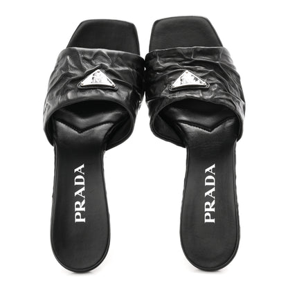 Prada Nappa Antique Metal Triangle Logo 55mm Slide Sandals 36.5 Black 2 of 9