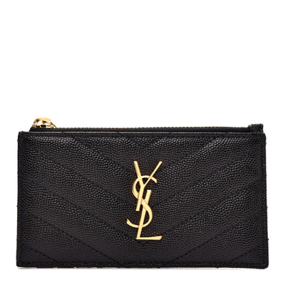 Saint Laurent Grain De Poudre Matelasse Chevron Monogram Fragments Zippered Card Case Black 1 of 7