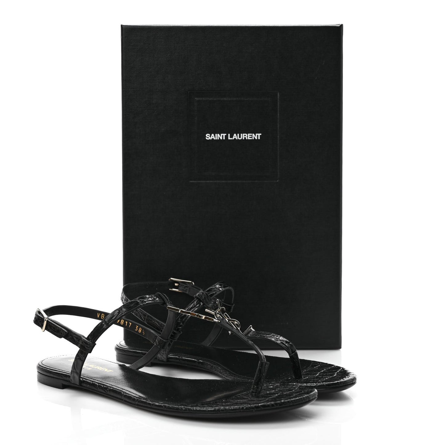 Calfskin Crocodile Embossed Cassandra Monogram Sandals 38.5 Black