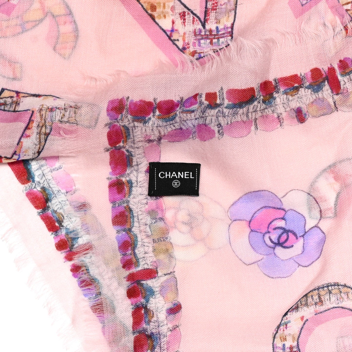 Cashmere Tweed Printed CC Fringe Scarf Pink Multicolor