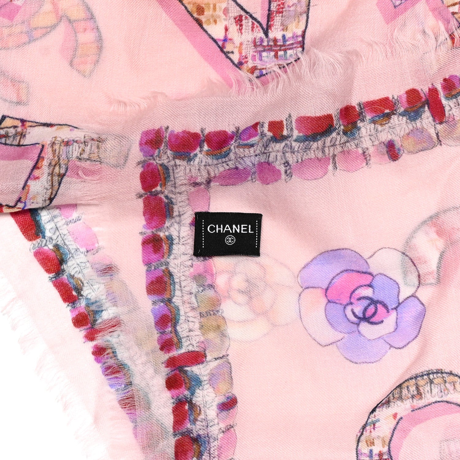Chanel Cashmere Tweed Printed CC Fringe Scarf Pink Multicolor 3 of 4