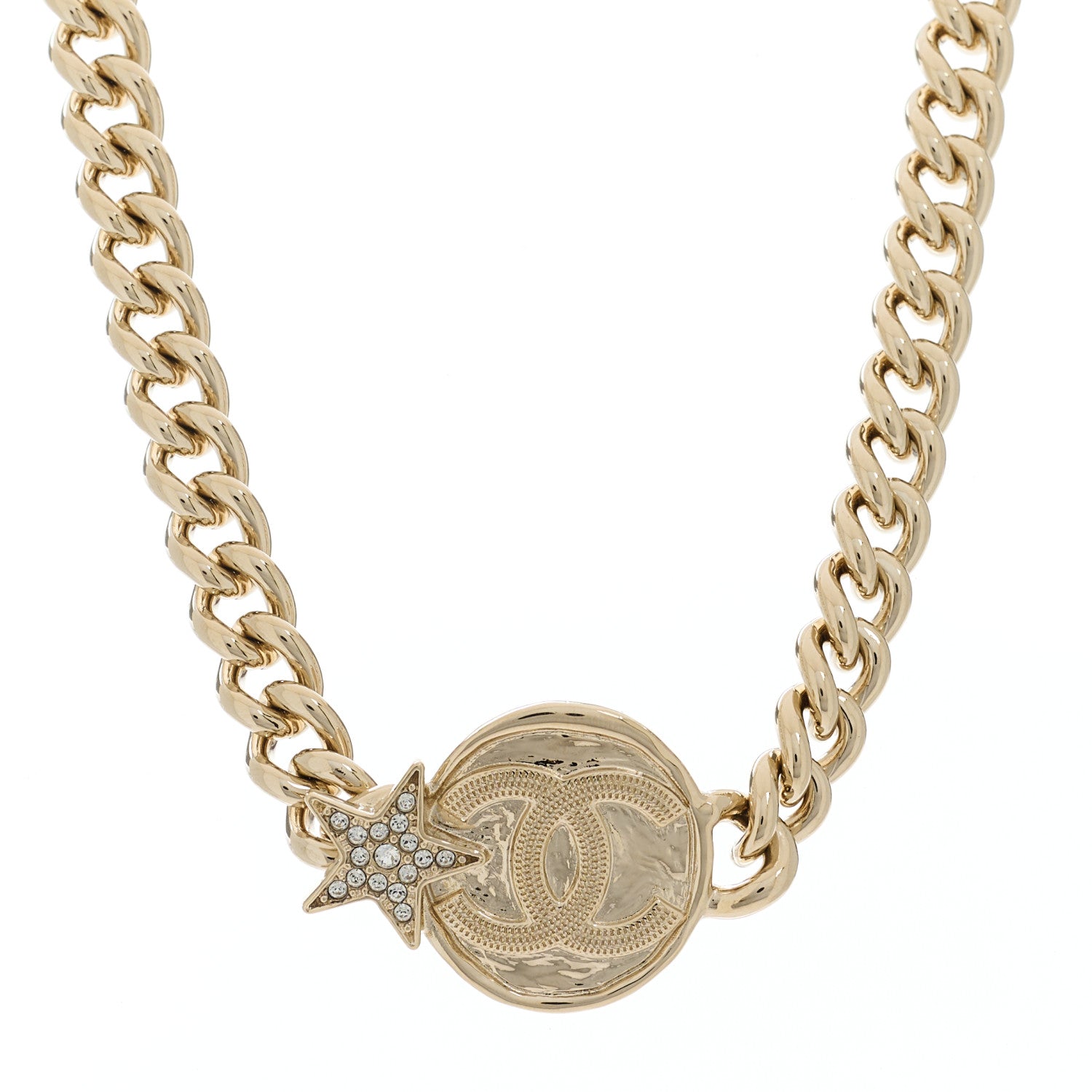 Chanel Metal Crystal Textured CC Star Chain Choker Necklace Gold 1 of 5