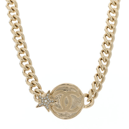 Chanel Metal Crystal Textured CC Star Chain Choker Necklace Gold 1 of 5