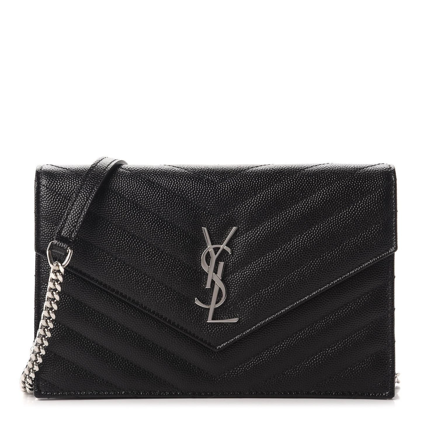 Grain De Poudre Matelasse Chevron Monogram Envelope Chain Wallet Black