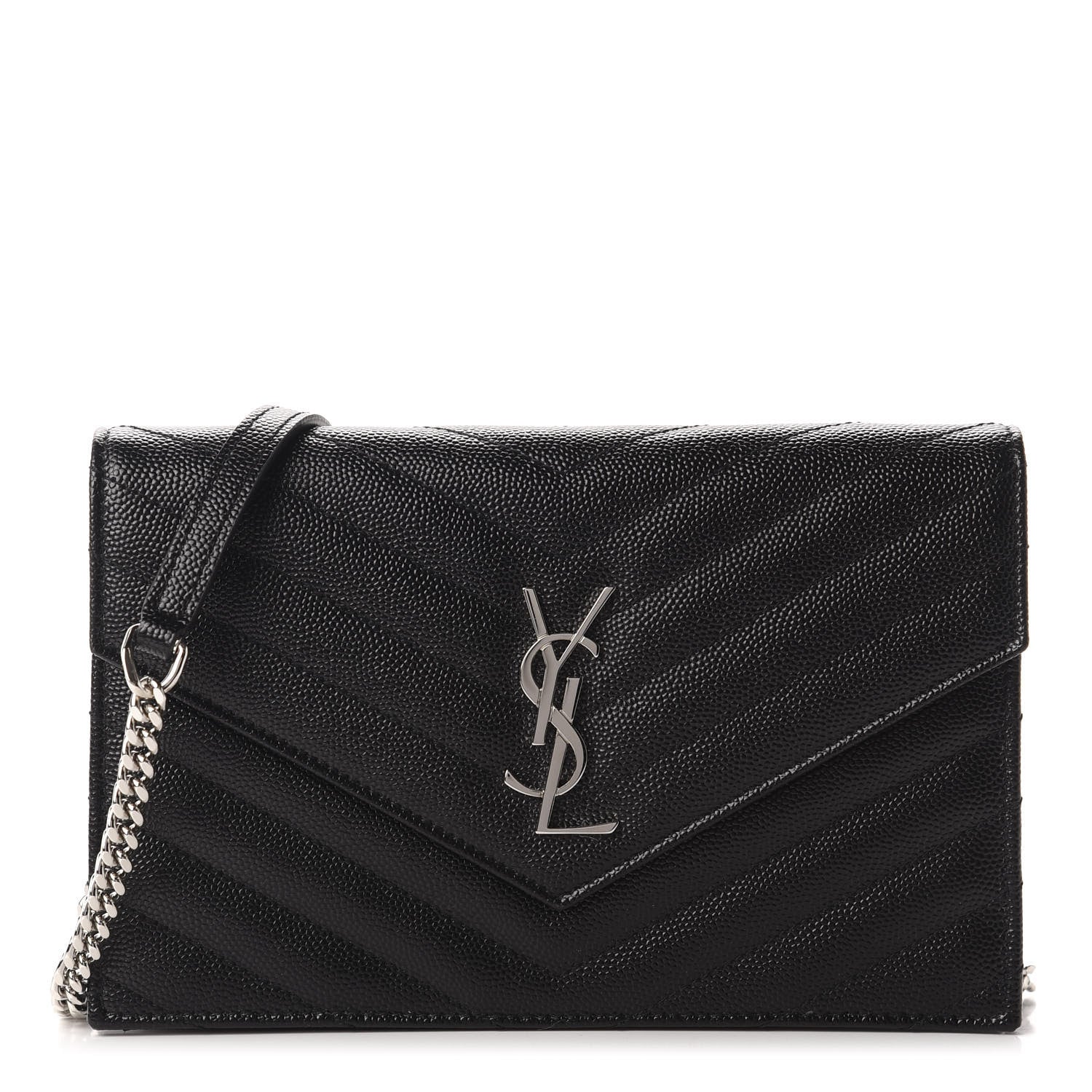 Saint Laurent Grain De Poudre Matelasse Chevron Monogram Envelope Chain Wallet Black 1 of 10