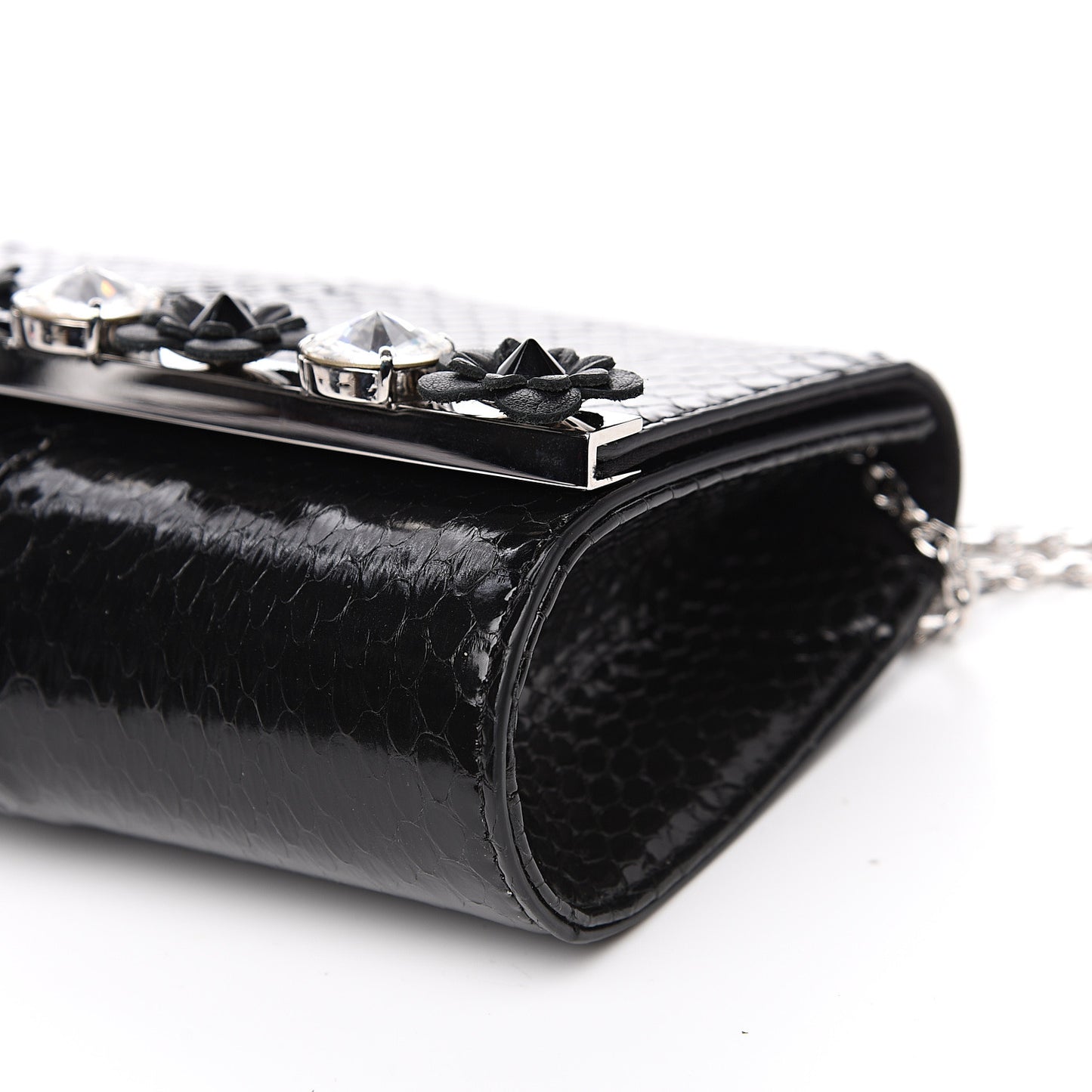 Snakeskin Crystal Flowerland Studded Mini Rush Clutch Black