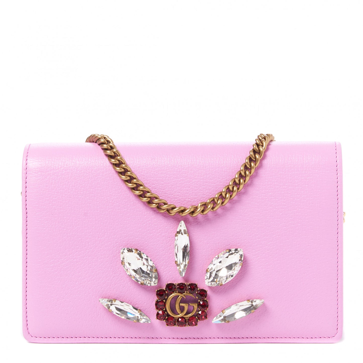 Calfskin Marquise Crystals Mini GG Chain Wallet Malva