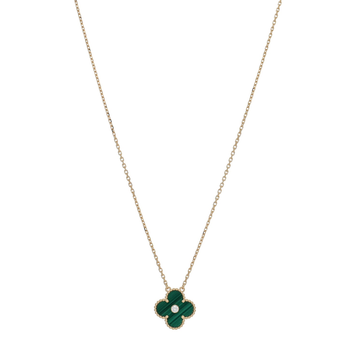 18K Yellow Gold Diamond Malachite Vintage Alhambra Pendant Necklace