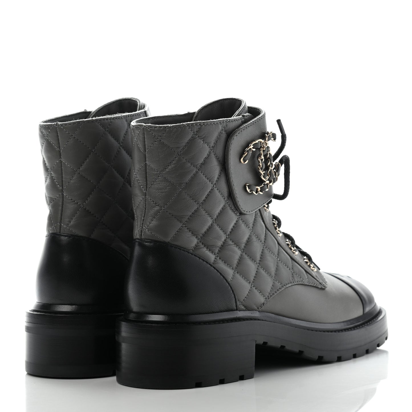 Shiny Lambskin Quilted Lace Up Combat Boots 38 Grey Black