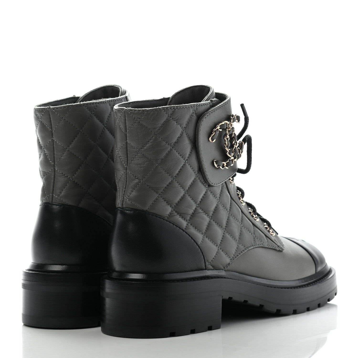 Chanel Shiny Lambskin Quilted Lace Up Combat Boots 38 Grey Black 4 of 11