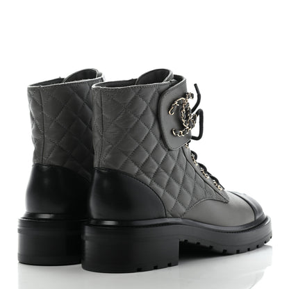 Chanel Shiny Lambskin Quilted Lace Up Combat Boots 38 Grey Black 4 of 11