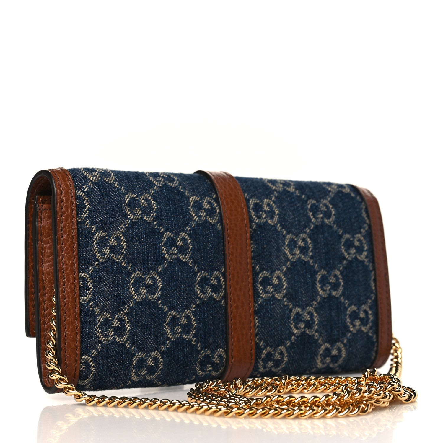 Gucci New Denim GG Monogram Jackie 1961 Chain Wallet Blue Tea Cuir 3 of 9