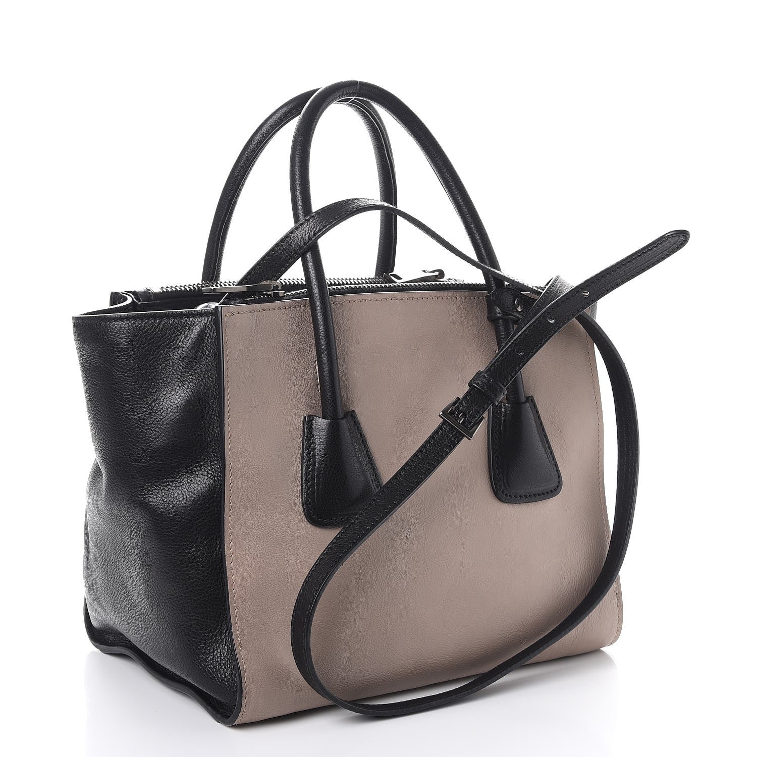 Prada Glace Calf Bi-Color Twin Pocket Tote Pomice Black 4 of 9