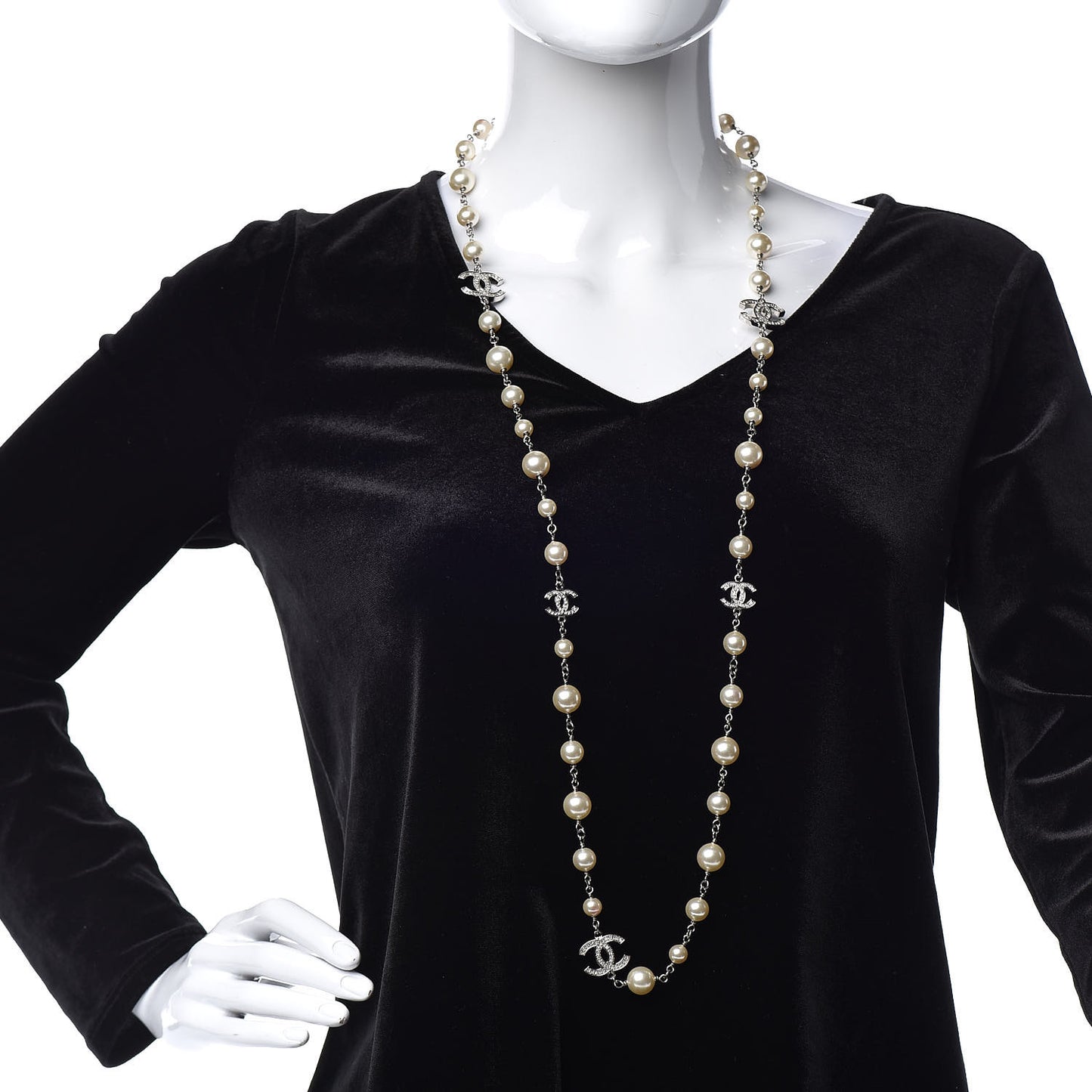 Crystal Pearl CC Long Necklace Silver