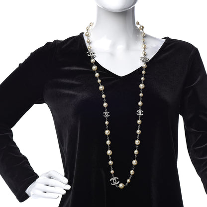 Chanel Crystal Pearl CC Long Necklace Silver 2 of 8
