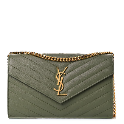 Saint Laurent Grain De Poudre Matelasse Chevron Monogram Chain Wallet Pistachio 1 of 9