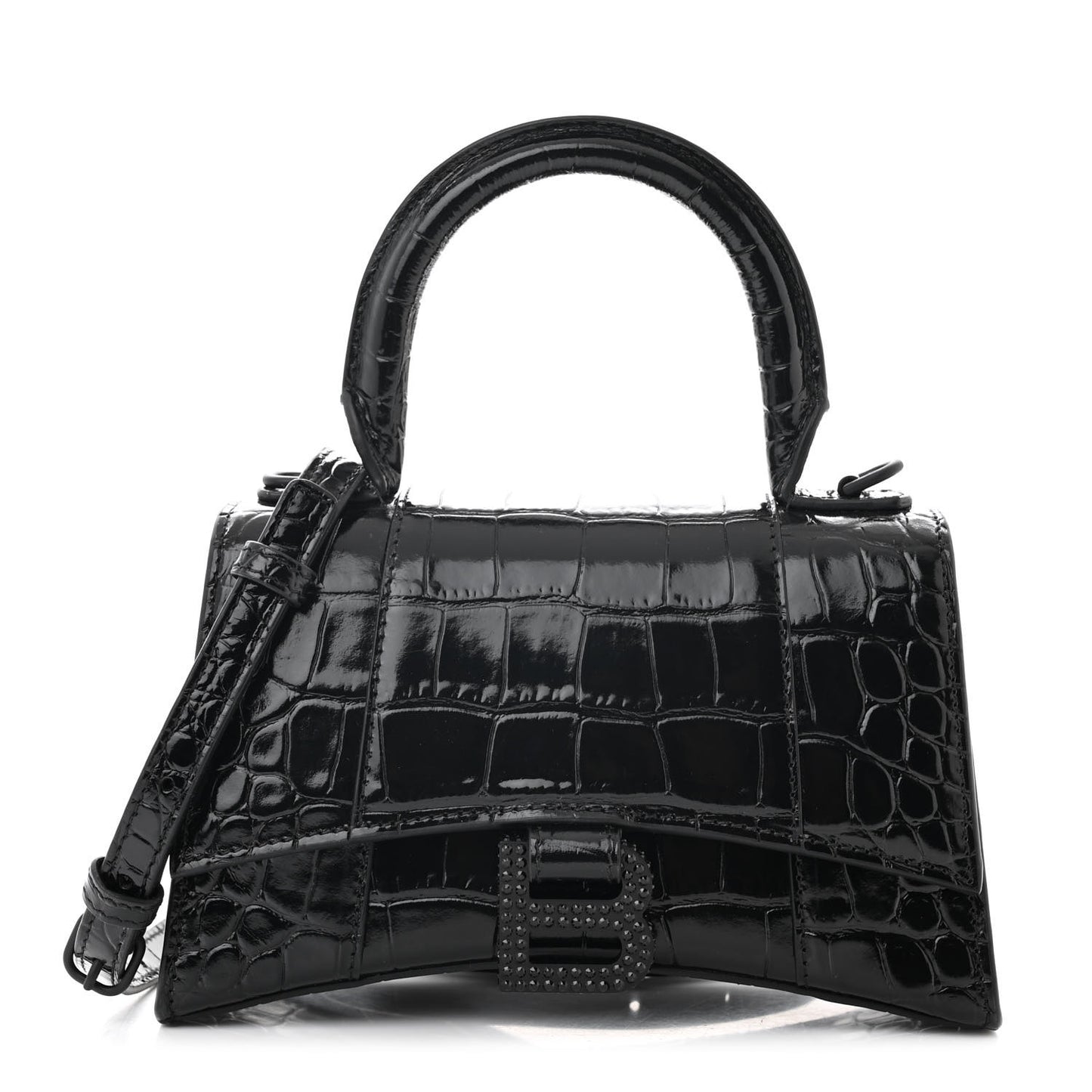 Shiny Calfskin Strass Monochrome Crocodile Embossed Hourglass Top Handle Bag XS Black