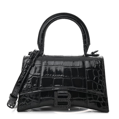 Balenciaga Shiny Calfskin Strass Monochrome Crocodile Embossed Hourglass Top Handle Bag XS Black 1 of 10