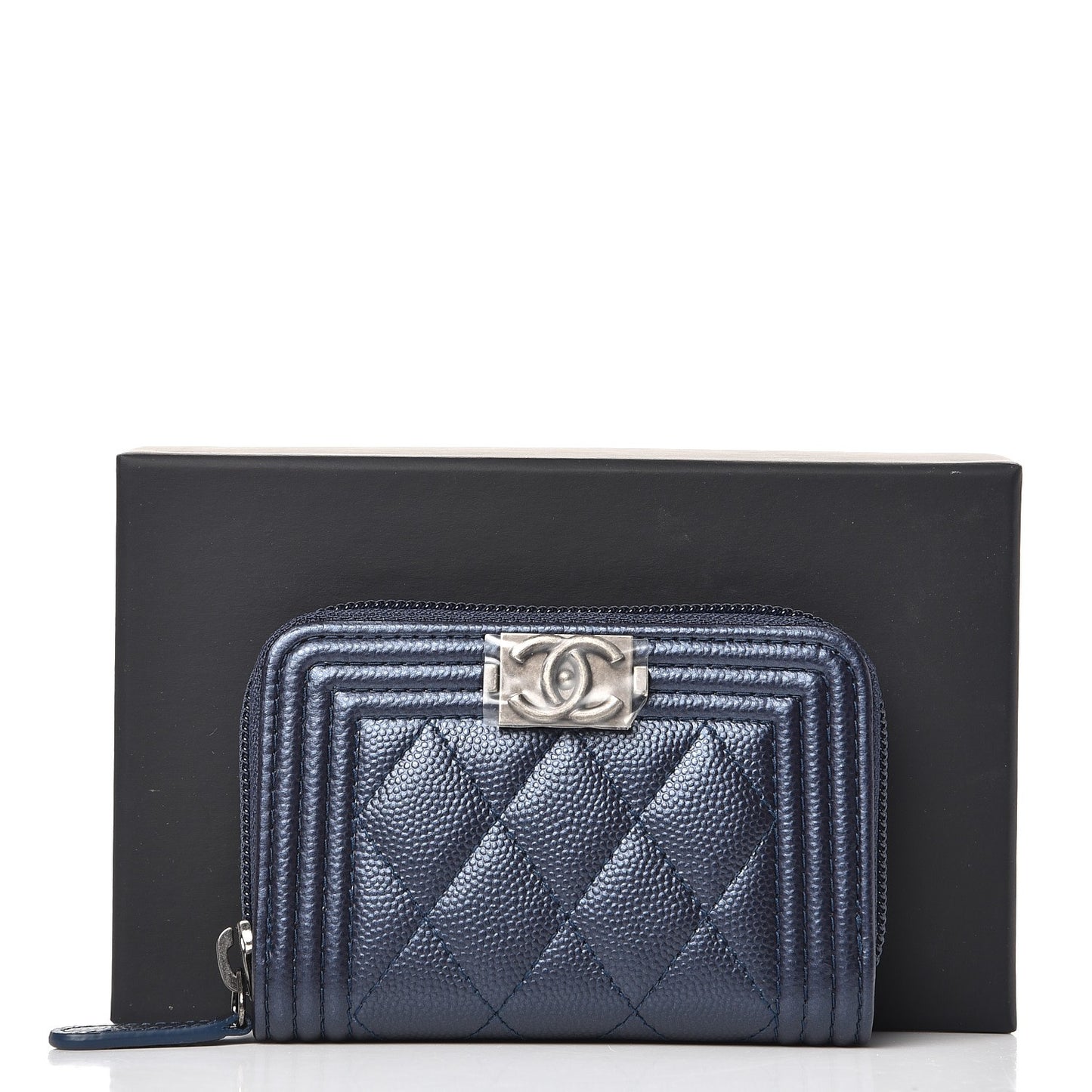 Metallic Caviar Quilted Boy Zip Around Coin Purse Wallet Navy
