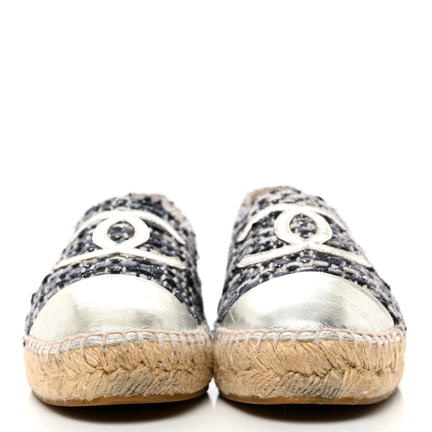 Chanel Metallic Tweed Lambskin CC Espadrilles 37 Blue Black Silver 4 of 9