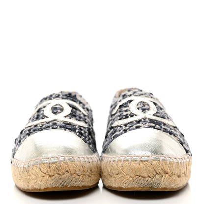 Chanel Metallic Tweed Lambskin CC Espadrilles 37 Blue Black Silver 4 of 9