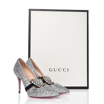 Gucci Nappa Glitter Removable Crystal Heart Pumps 39 Argento 11 of 11