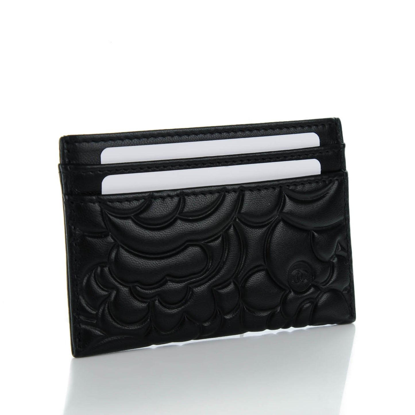 Lambskin Camellia Embossed Card Holder Black