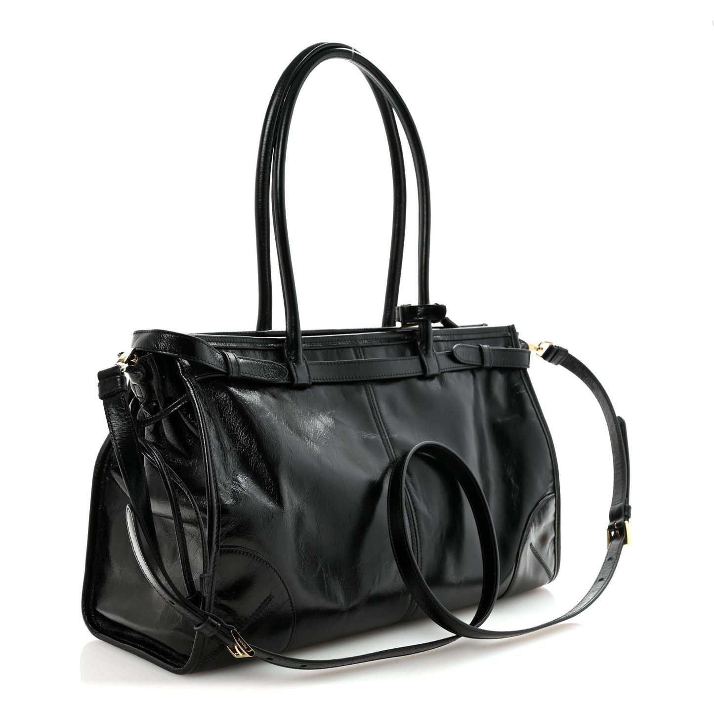 Glossy Calfskin Triangle Large Bonnie Shoulder Bag Black