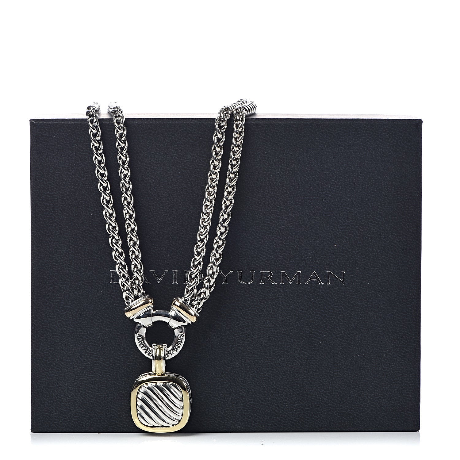 David Yurman Sterling Silver 18K Yellow Gold 14K Yellow Gold Double Wheat Chain Carved Cable Pendant Necklace 7 of 7