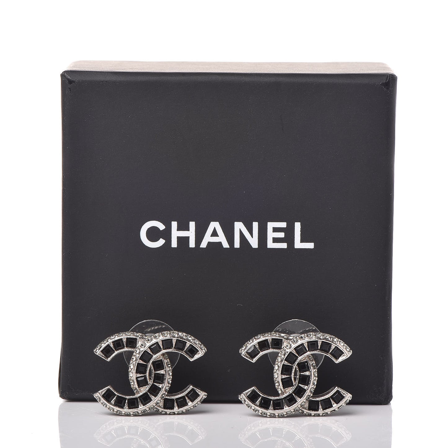 Baguette Crystal CC Earrings Silver Black