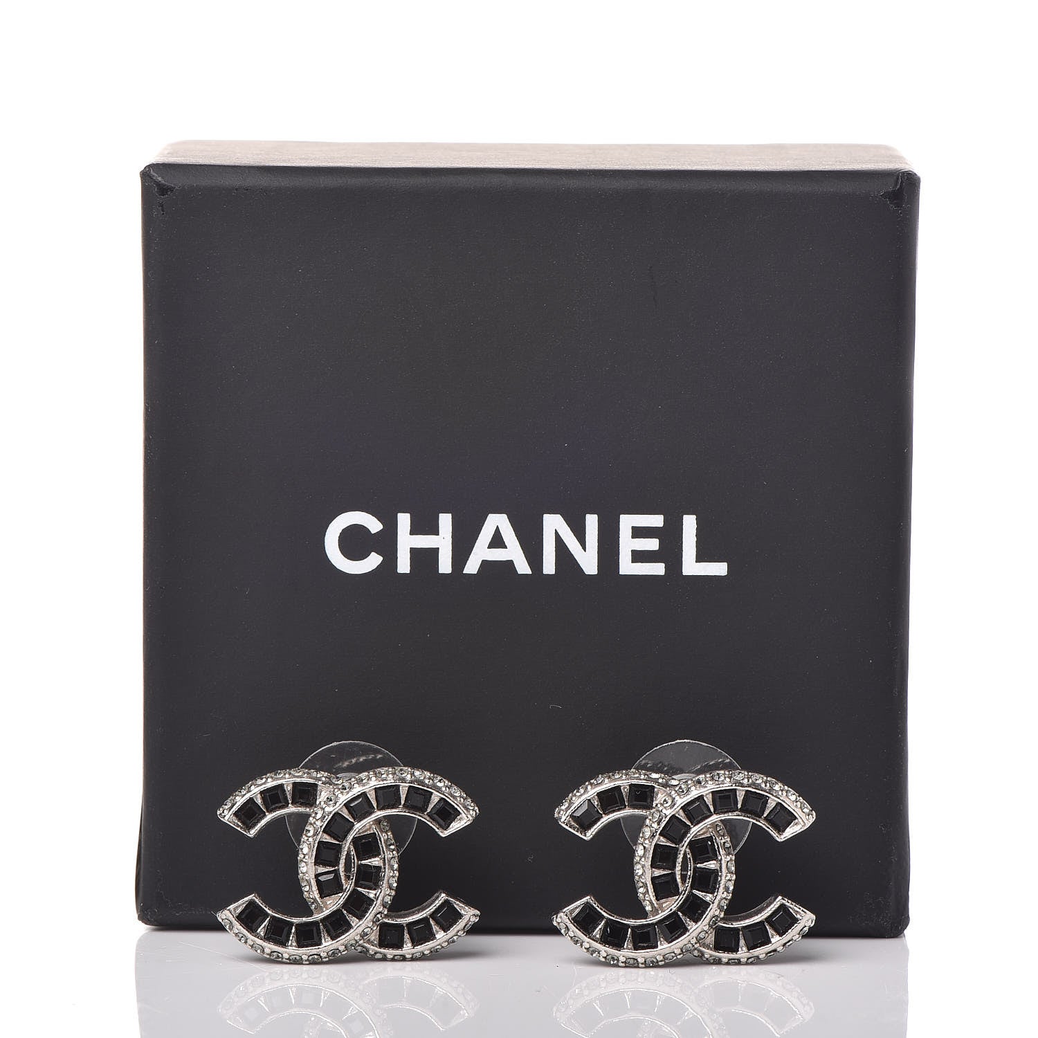 Chanel Baguette Crystal CC Earrings Silver Black 5 of 5