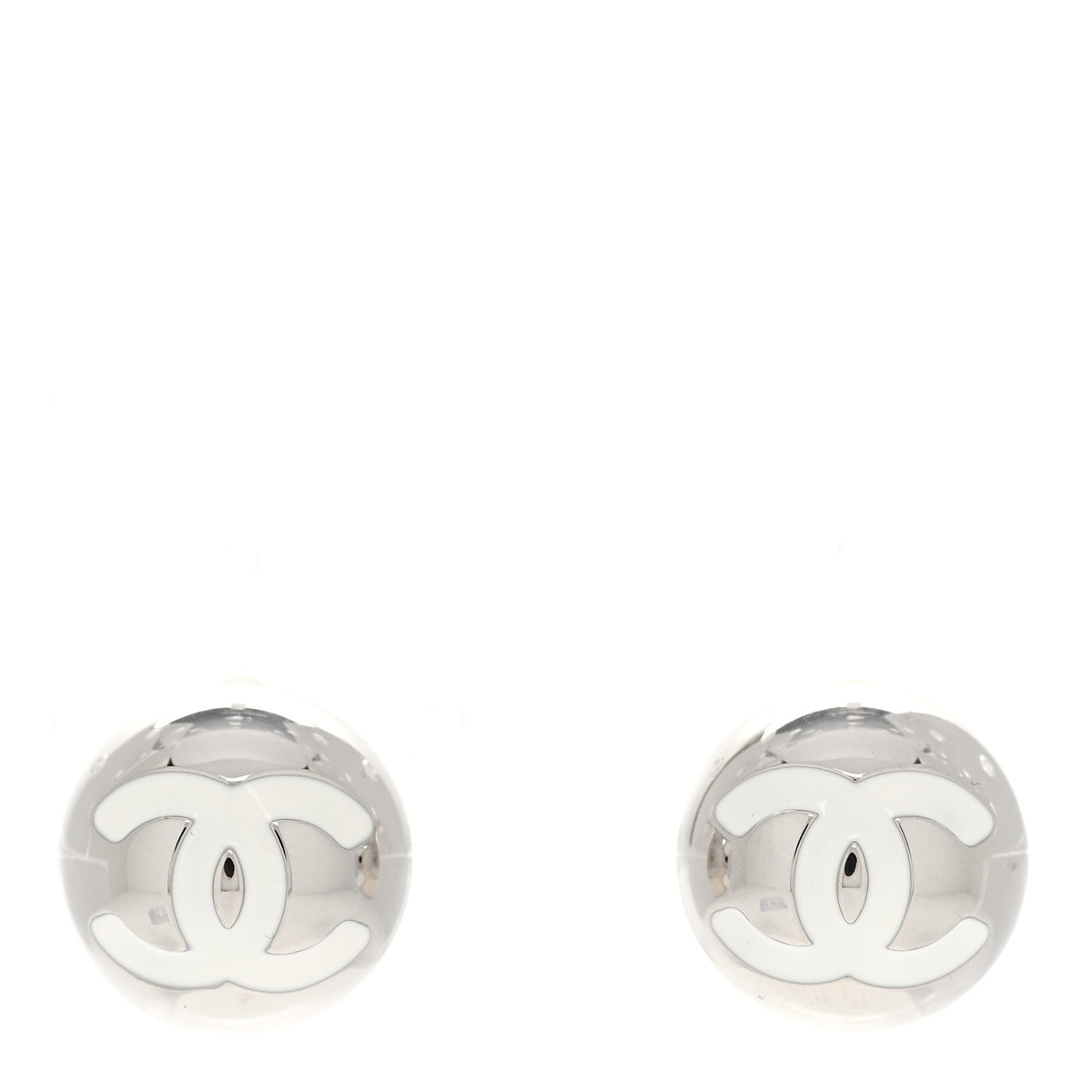 Chanel Metal Enamel CC Round Dome Earrings Silver White 1 of 5